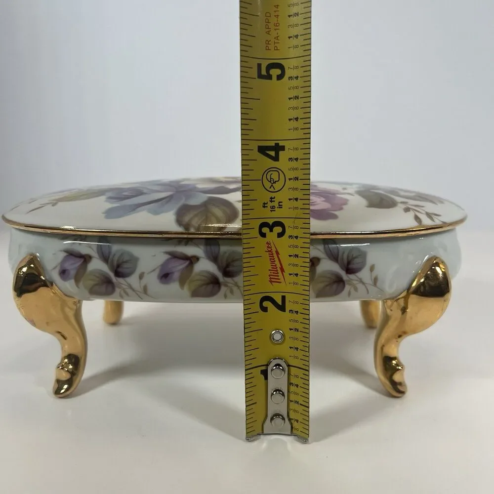 Porcelain Trinket Box With Gold Gilded Feet Oval Shaped With‎ Hand Painted Roses